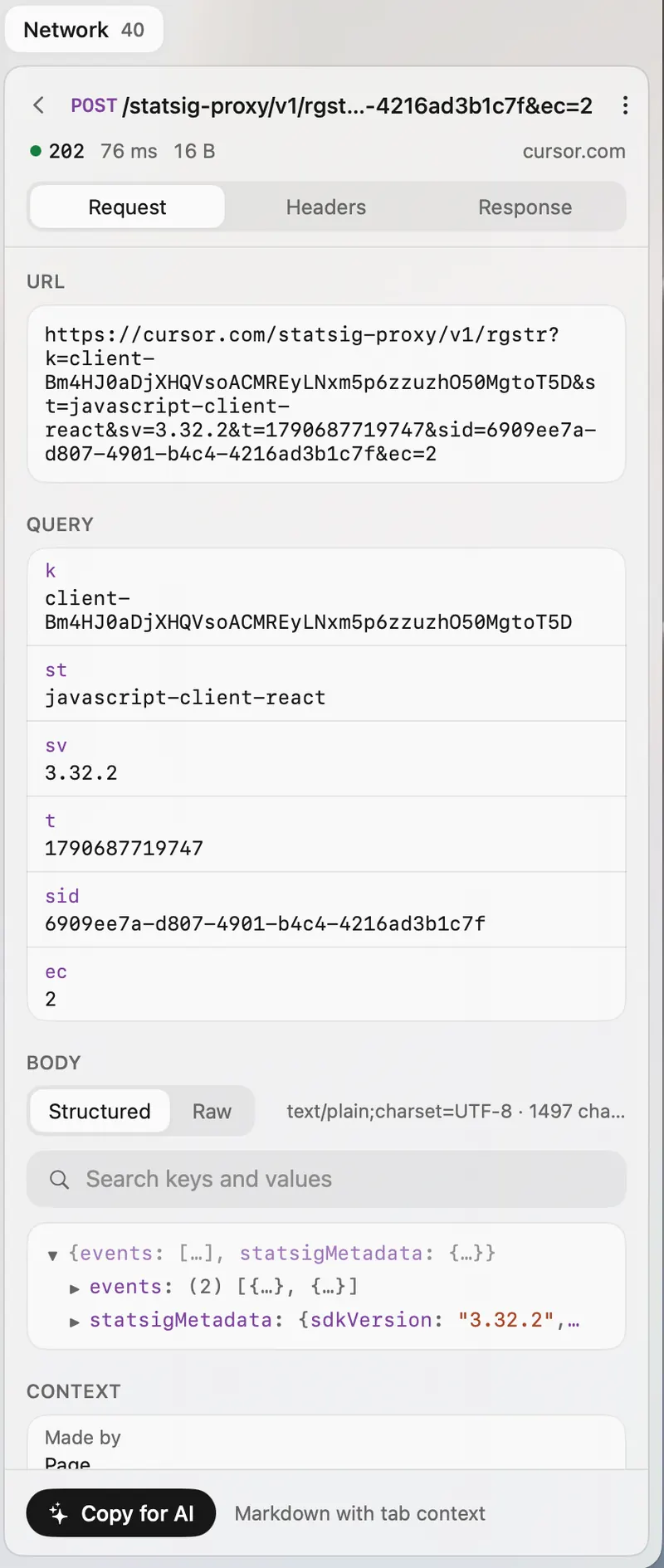 Escale's network panel on a POST request: status 202, URL, the query parameters one per row, and the body as a structured tree.