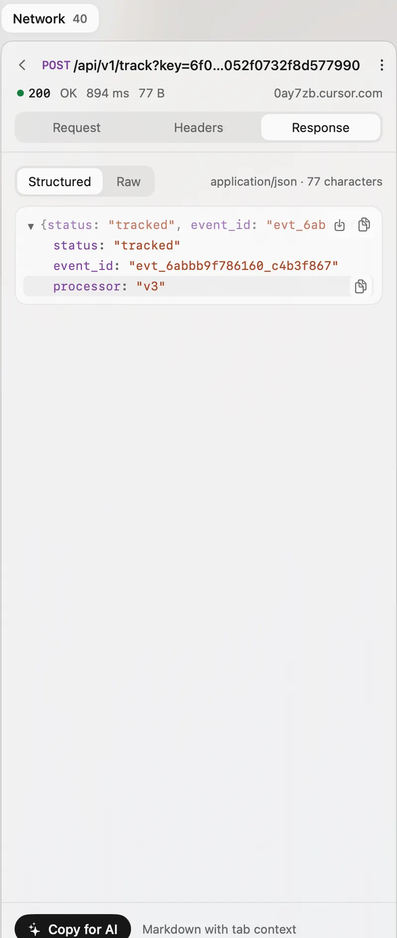 The same panel on the response: 200 OK, application/json, shown as a structured tree with copy buttons.