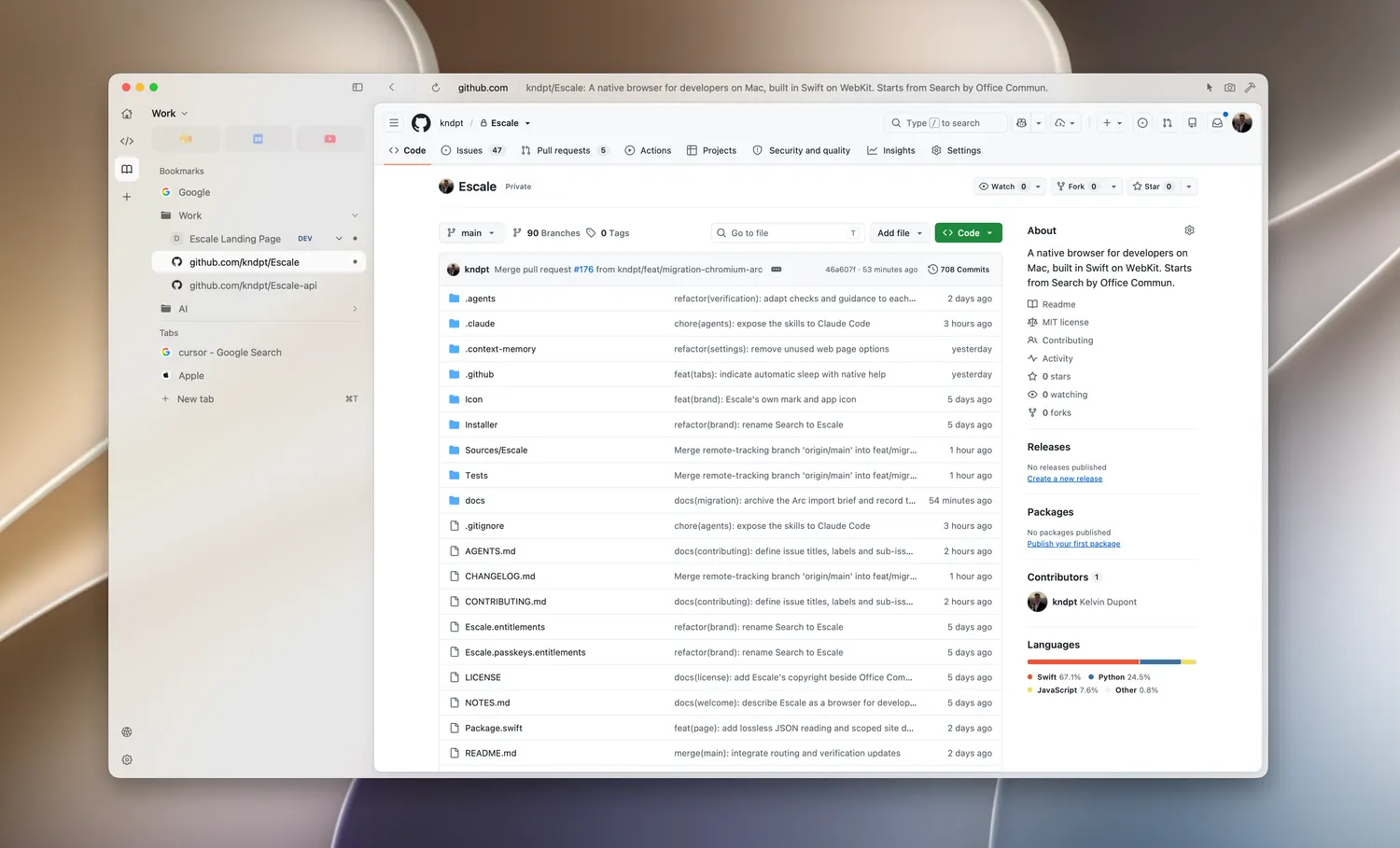 Escale showing a GitHub repository in the Work space. The sidebar holds pinned tabs, bookmarks in folders, a bookmark labelled DEV and the open tabs.