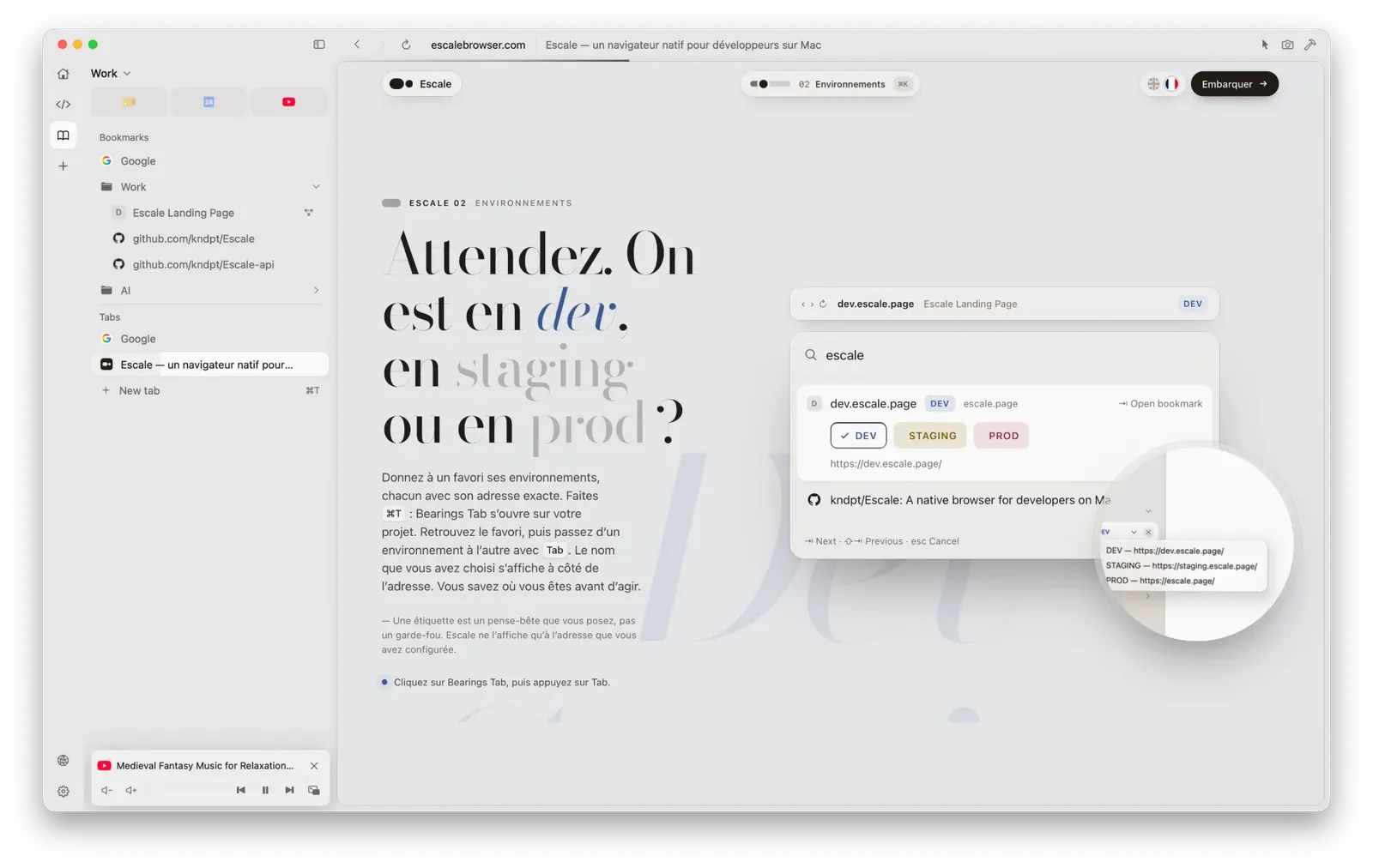 An Escale window: a sidebar with the Work space, its bookmarks and tabs; the page, this one, sits in its own rounded frame, open on Bearings Tab and a bookmark labelled DEV.